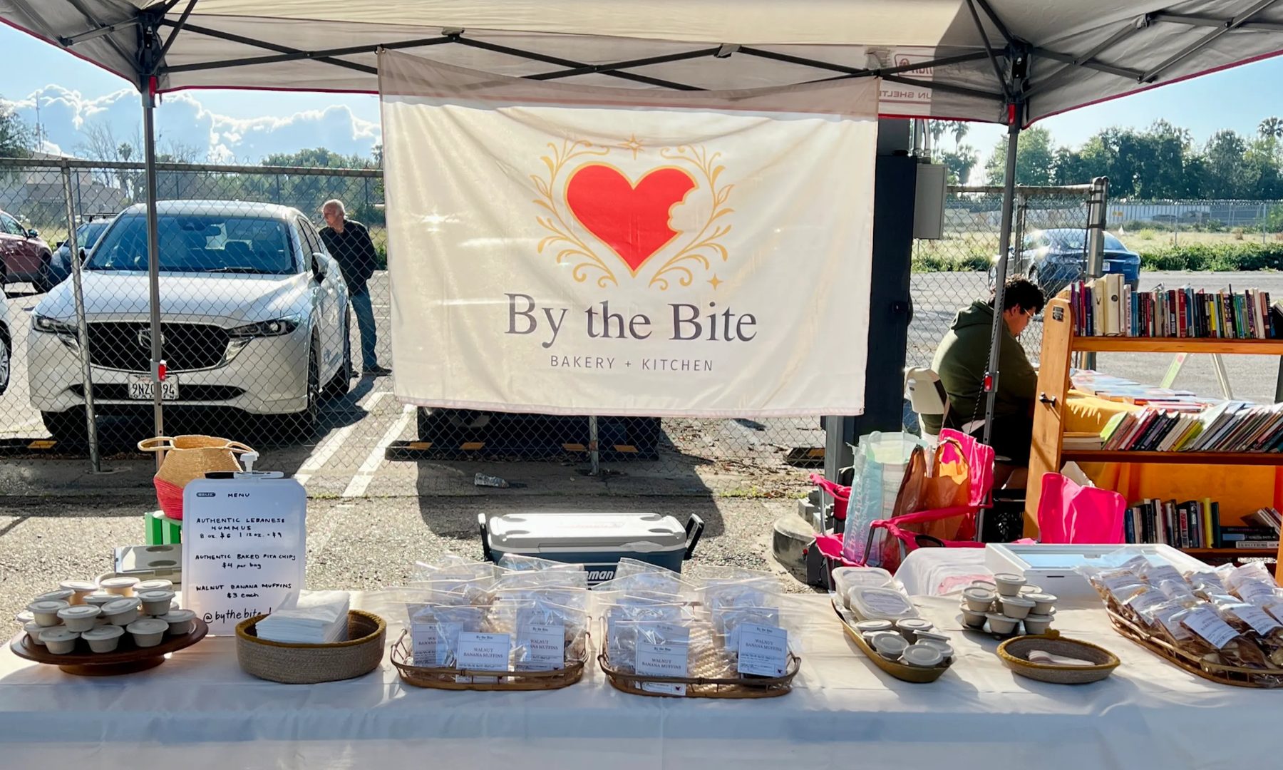First attendance at the local farmer's market: banner, product labels, product layout. Not pictured is the framed menu, which was getting printed at this time.