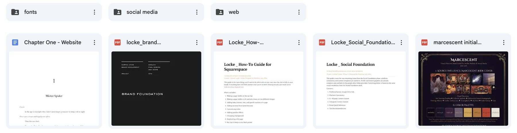 A peek at the drive with all deliverables: brand foundation, custom how-to guide for Squarespace, social foundation, initial mood board, social media assets, web assets, fonts