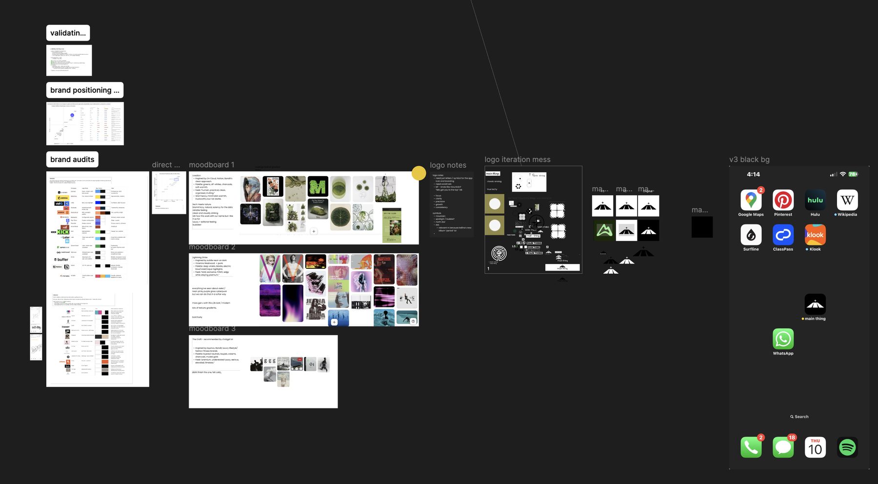 Peek at the Figma board: validating the name, brand positioning matrix, brand audits, moodboard directions, logo iterations, logomark testing as the app icon