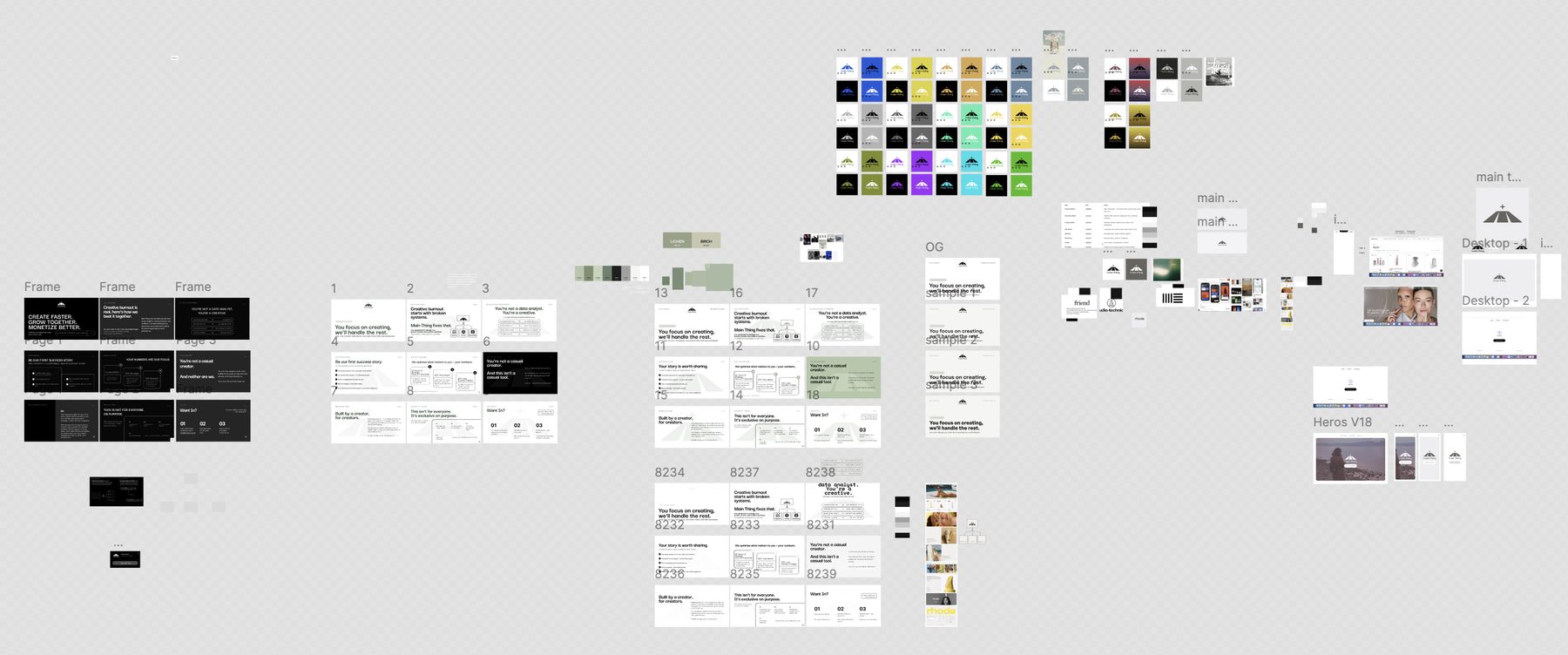 Peek at the Figma board: pitch deck testing and creation, plus color palette testing on logomark and website