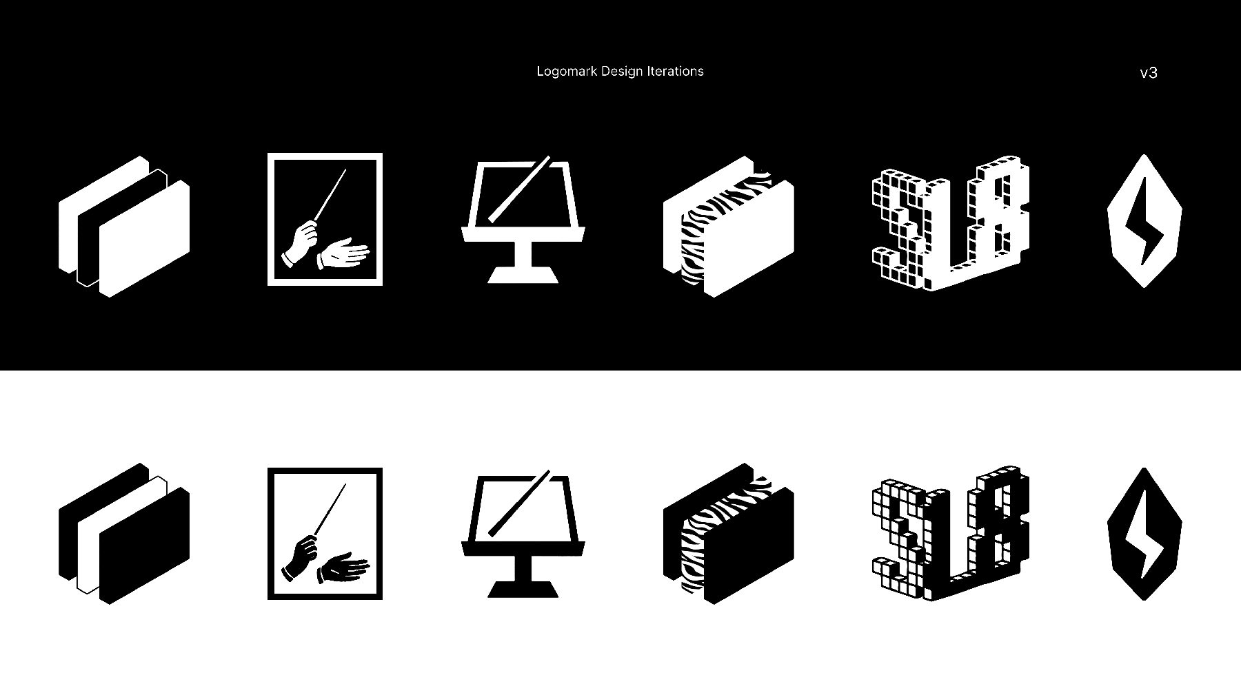 Iteration grids: 15 logomark options exploring composability, orchestration, and customization